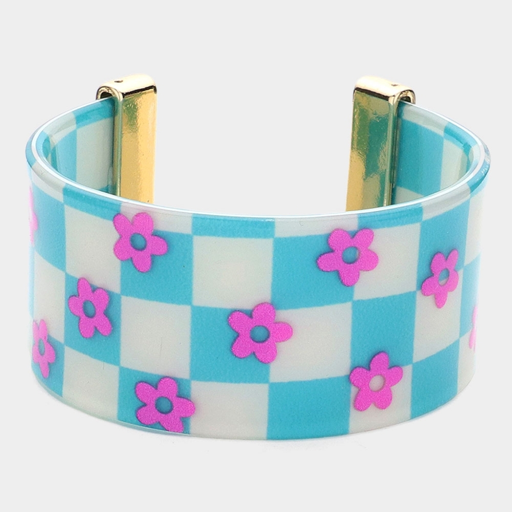 Blue and White Checkered Cuff Bracelet with Pink Flowers